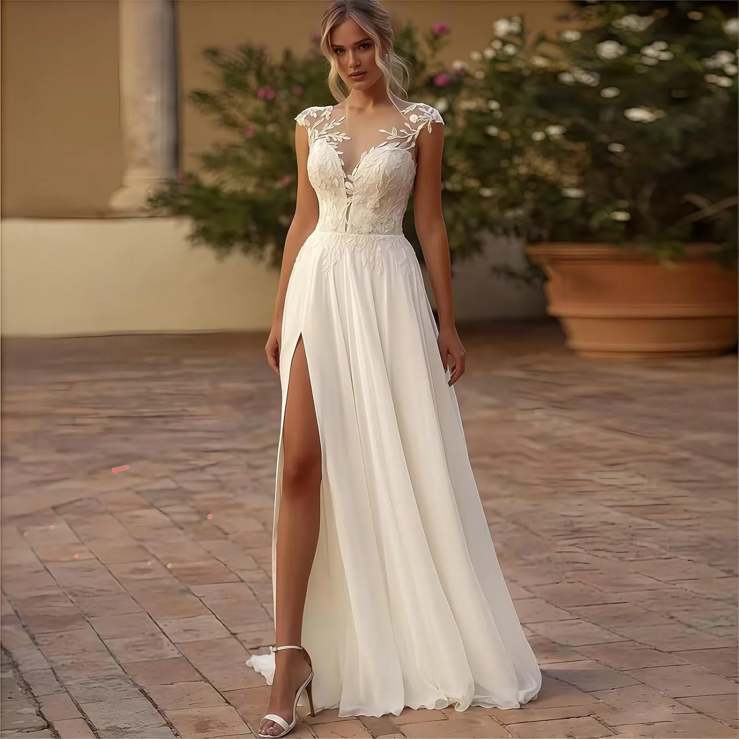 Chiffon Wedding Dresses for Bride 2025 Lace Applique Plus Size Sleeveless A-Line Long Bridal Gowns with Slit