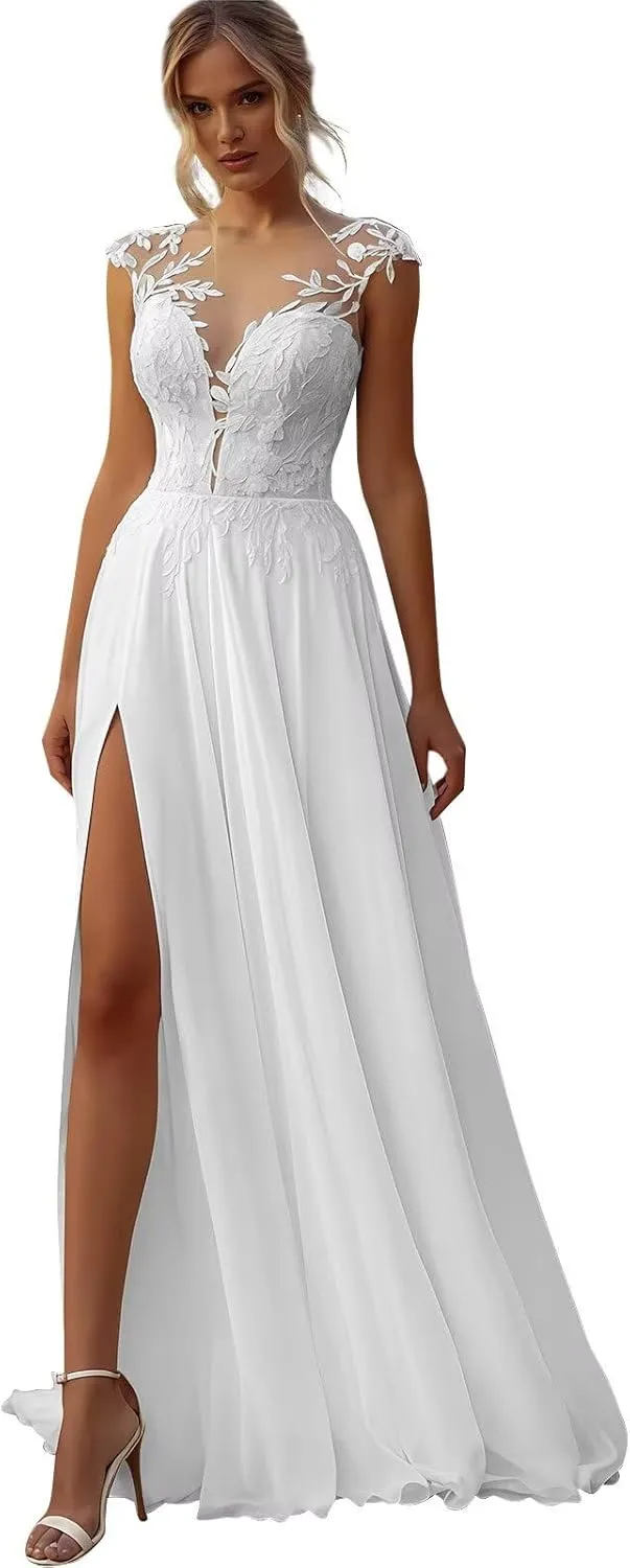 Chiffon Wedding Dresses for Bride 2025 Lace Applique Plus Size Sleeveless A-Line Long Bridal Gowns with Slit