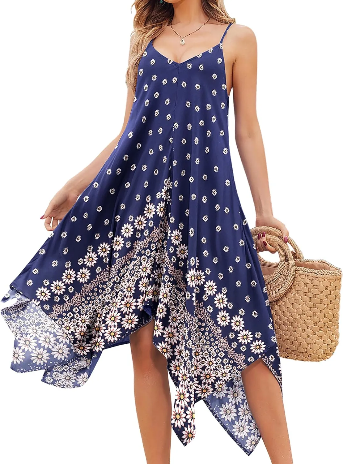 Chigant Women's 2025 Summer Dress Casual Boho Sundress Spaghetti Strap Swimwear Cover Up Beach Flowy Midi Vacation Dresses