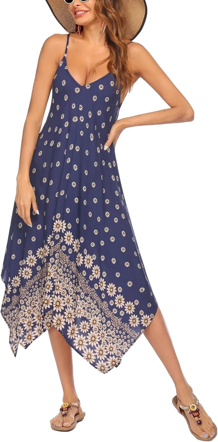 Chigant Women's 2025 Summer Dress Casual Boho Sundress Spaghetti Strap Swimwear Cover Up Beach Flowy Midi Vacation Dresses
