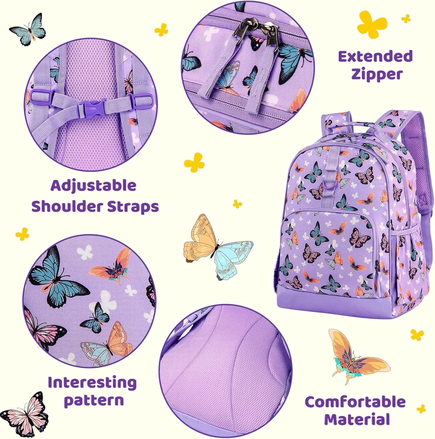 Choco Mocha Butterfly Backpack for Girls, Kids School Backpacks Girls Backpacks Ages 6-8, Kindergarten Bookbag Girl Elementary School Bag 17 Inch, Purple