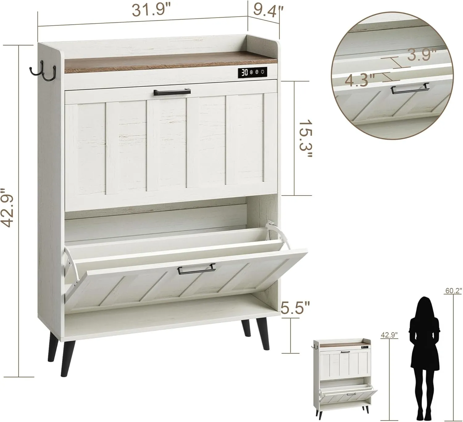 ChooChoo Shoe Storage Cabinet with 2 Flip Drawers, Deodorizing Shoe Organizer Storage for Entryway, Freestanding Hidden Slim Narrow Shoe Rack Cabinet, Antique White & Brown