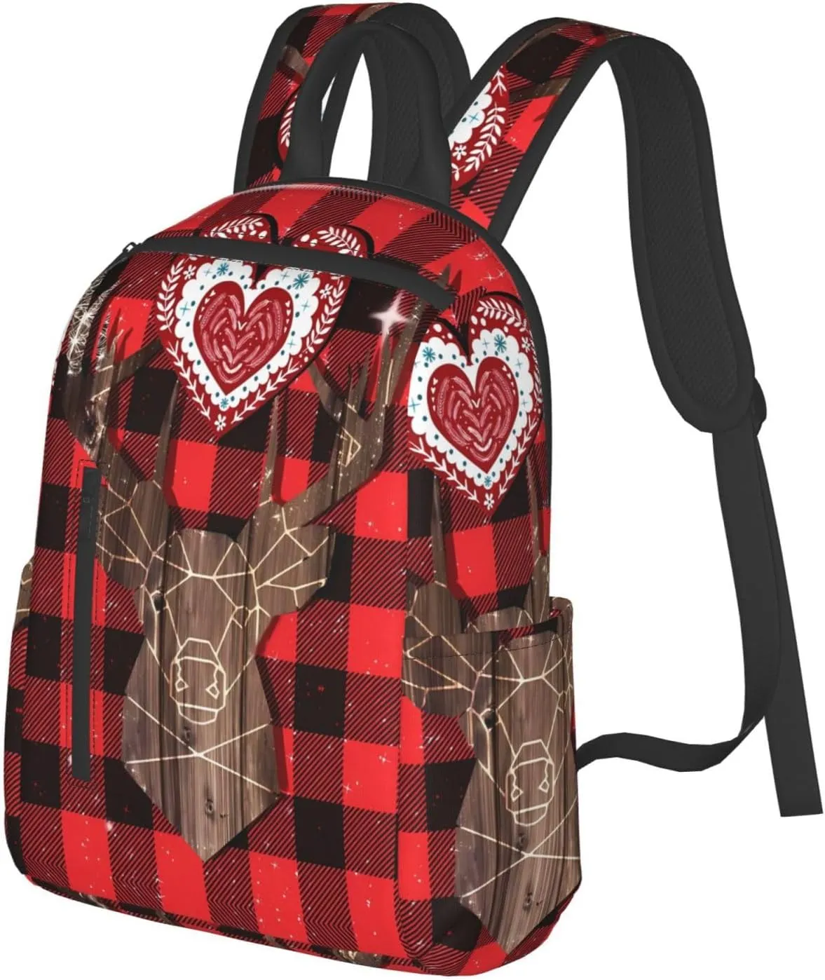 Christmas Buffalo Plaid Wood Deer Casual Backpacks Large Capacity Laptop Backpack Sports Rucksack Travel Daypack Adjustable Shoulder Strap Work Bag for Outdoor Camping