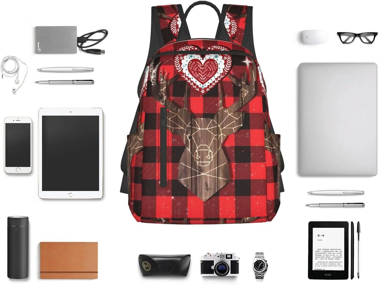 Christmas Buffalo Plaid Wood Deer Casual Backpacks Large Capacity Laptop Backpack Sports Rucksack Travel Daypack Adjustable Shoulder Strap Work Bag for Outdoor Camping