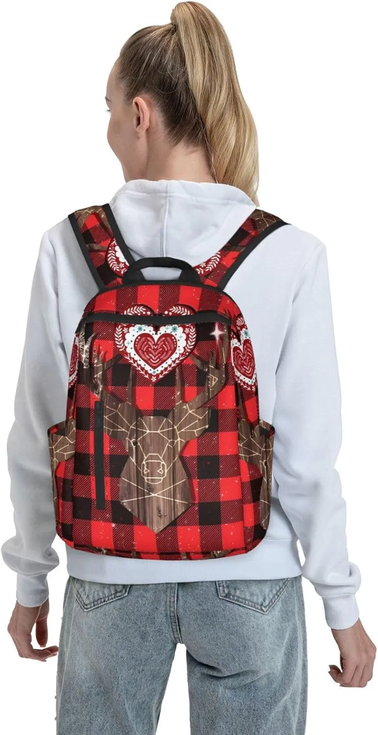 Christmas Buffalo Plaid Wood Deer Casual Backpacks Large Capacity Laptop Backpack Sports Rucksack Travel Daypack Adjustable Shoulder Strap Work Bag for Outdoor Camping