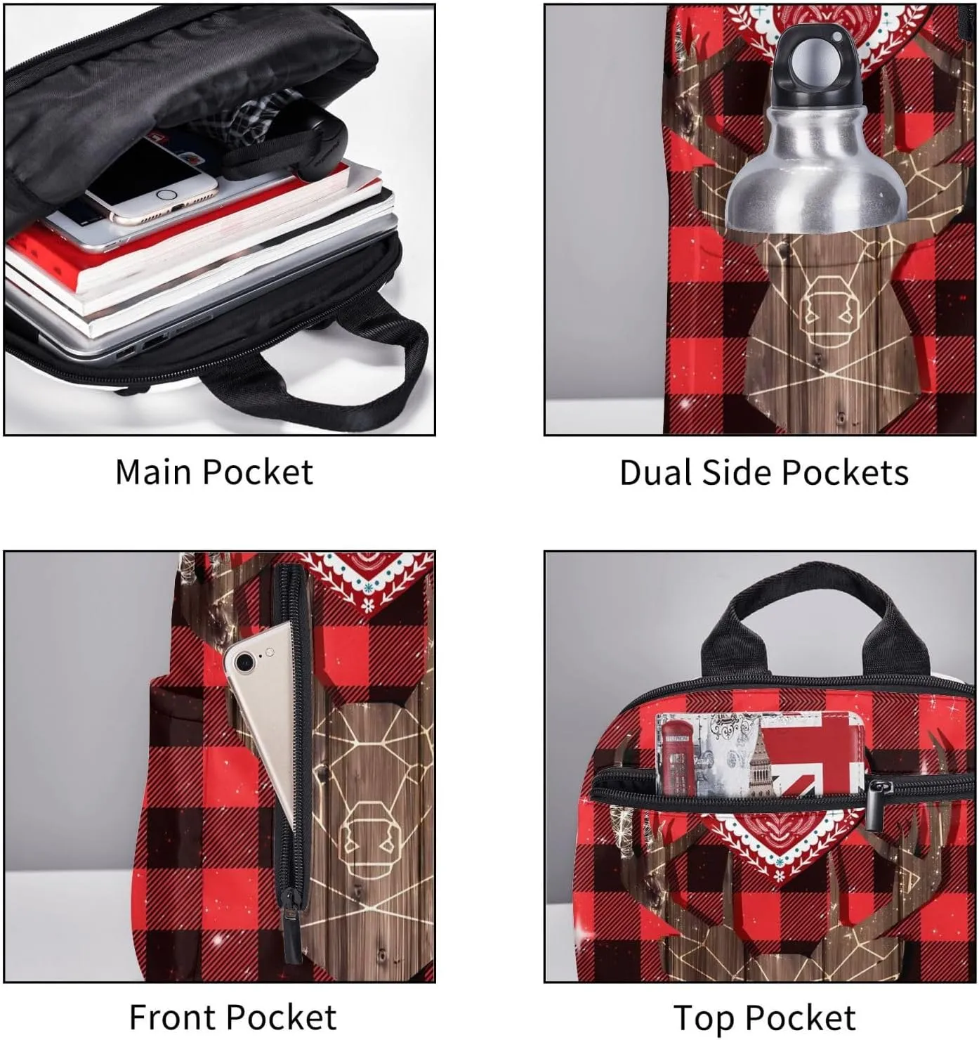Christmas Buffalo Plaid Wood Deer Casual Backpacks Large Capacity Laptop Backpack Sports Rucksack Travel Daypack Adjustable Shoulder Strap Work Bag for Outdoor Camping