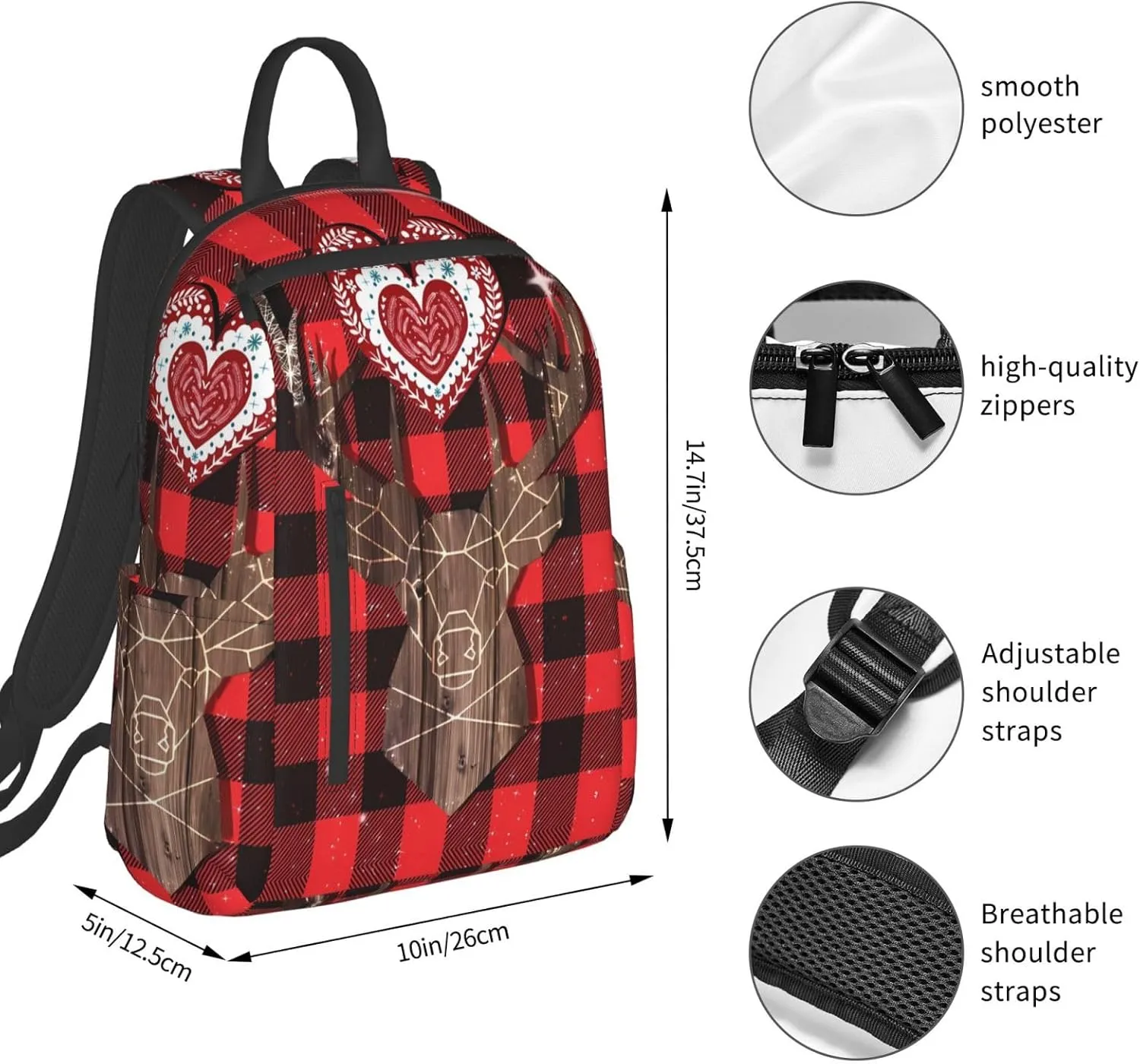 Christmas Buffalo Plaid Wood Deer Casual Backpacks Large Capacity Laptop Backpack Sports Rucksack Travel Daypack Adjustable Shoulder Strap Work Bag for Outdoor Camping