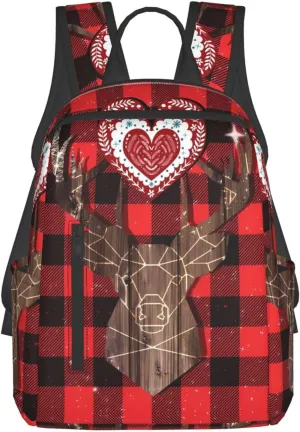 Christmas Buffalo Plaid Wood Deer Casual Backpacks Large Capacity Laptop Backpack Sports Rucksack Travel Daypack Adjustable Shoulder Strap Work Bag for Outdoor Camping
