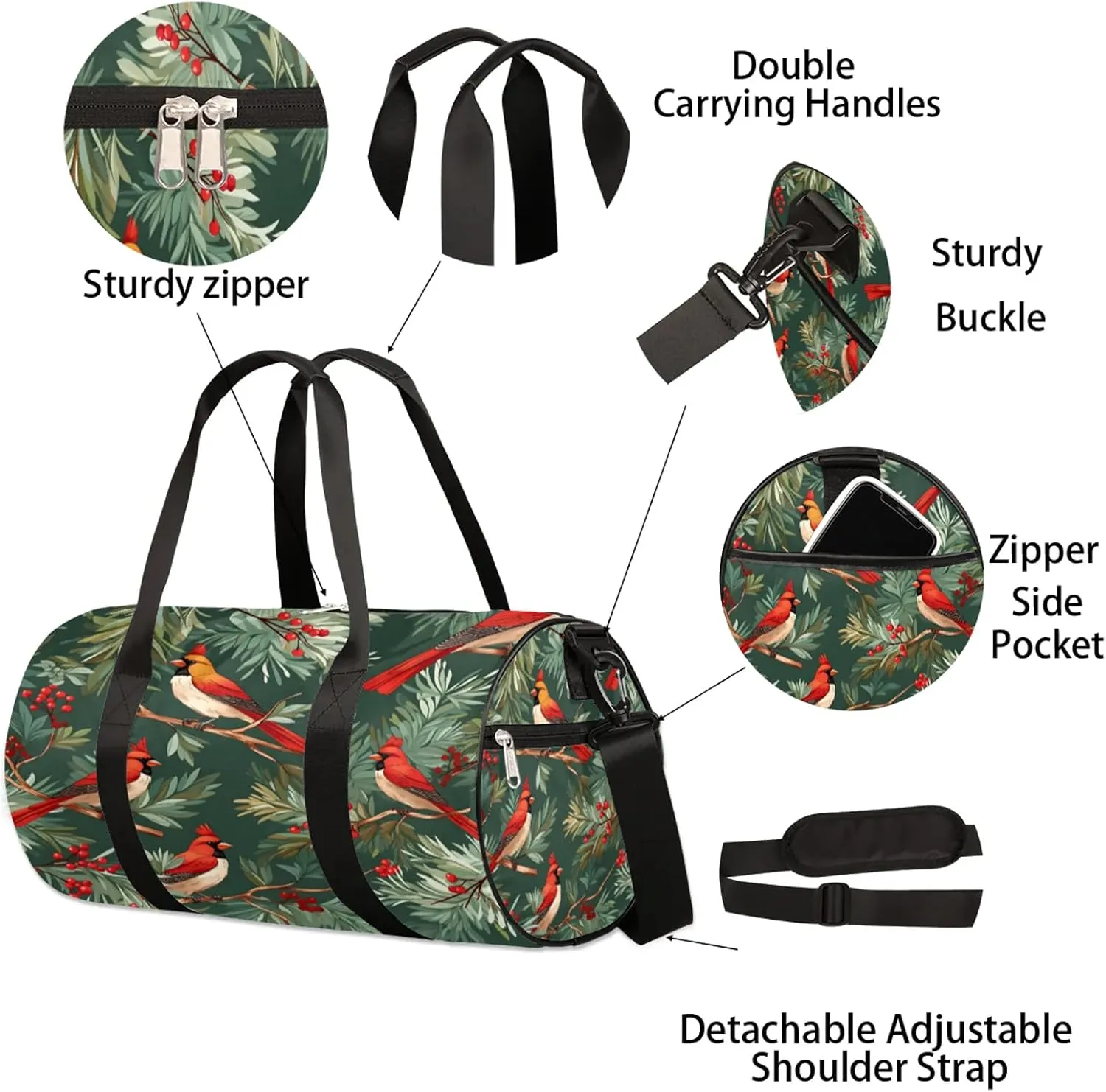 Christmas Red Bird Xmas Pine Tree Sports Gym Bag for Men Women Lightweight Travel Duffle Bag with Shoulder Strap Waterproof Carry On Weekender Overnight Bag for Travel Sports Gym