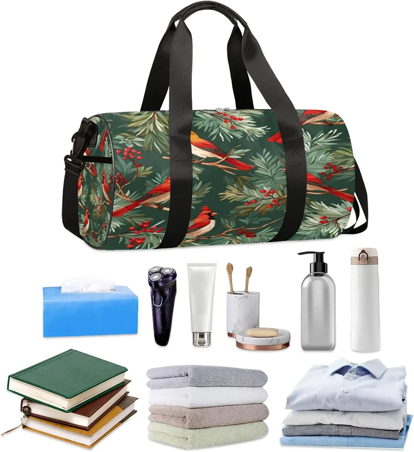 Christmas Red Bird Xmas Pine Tree Sports Gym Bag for Men Women Lightweight Travel Duffle Bag with Shoulder Strap Waterproof Carry On Weekender Overnight Bag for Travel Sports Gym