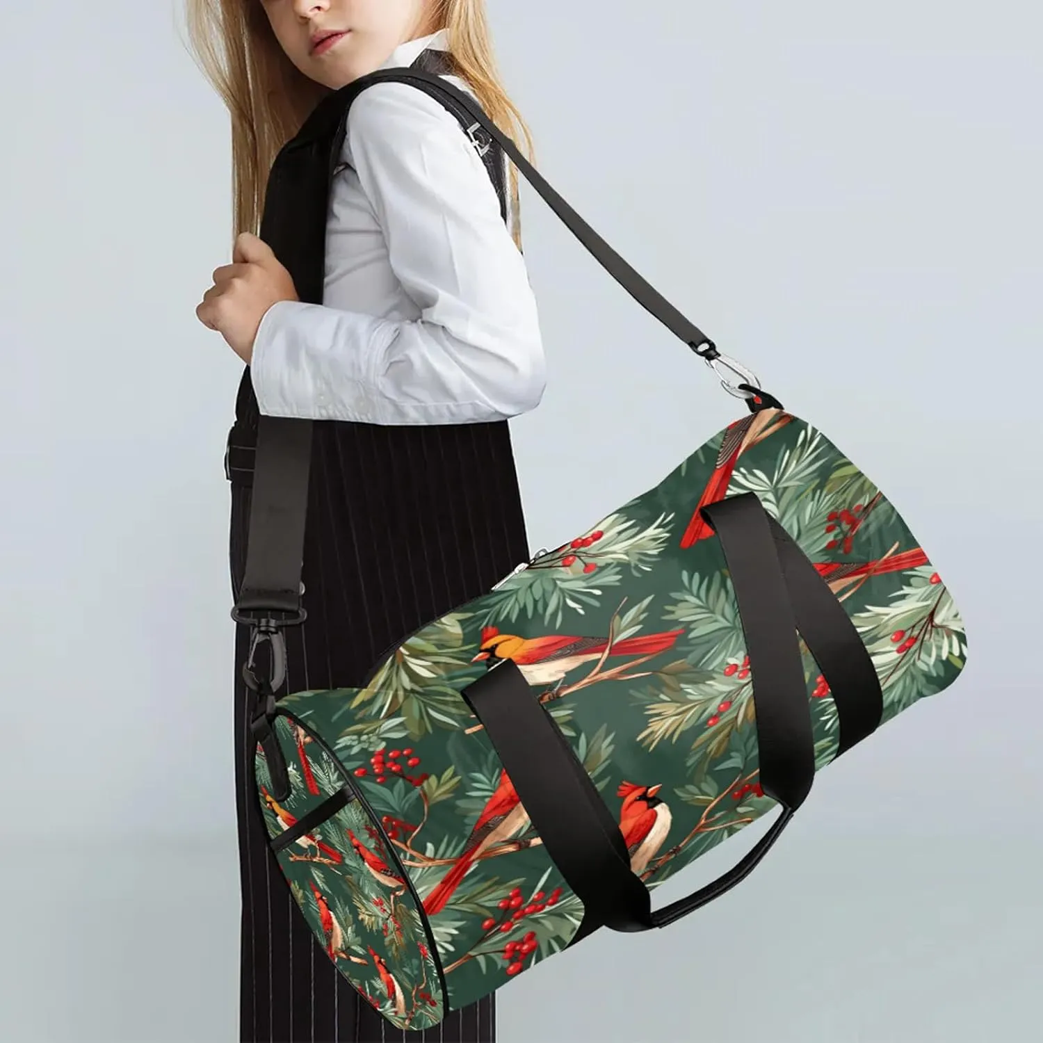 Christmas Red Bird Xmas Pine Tree Sports Gym Bag for Men Women Lightweight Travel Duffle Bag with Shoulder Strap Waterproof Carry On Weekender Overnight Bag for Travel Sports Gym