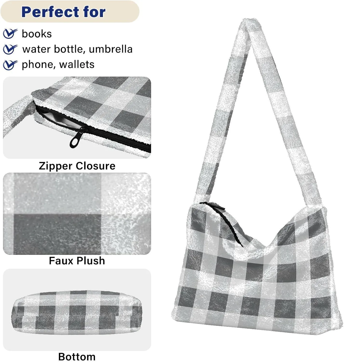 Christmas Symbols Plush Bag, Shoulder Bags with Zipper, Shoulder Bag for Woman