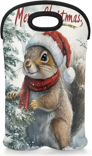 Christmas Vintage Wine Carrier Tote Bag 2 Bottles Merry Christmas Squirrel Wine Tote with Carry Handle Beer Water Wine Bottle Carrying Protective Holder Cooler Bag for Travel Party Picnic