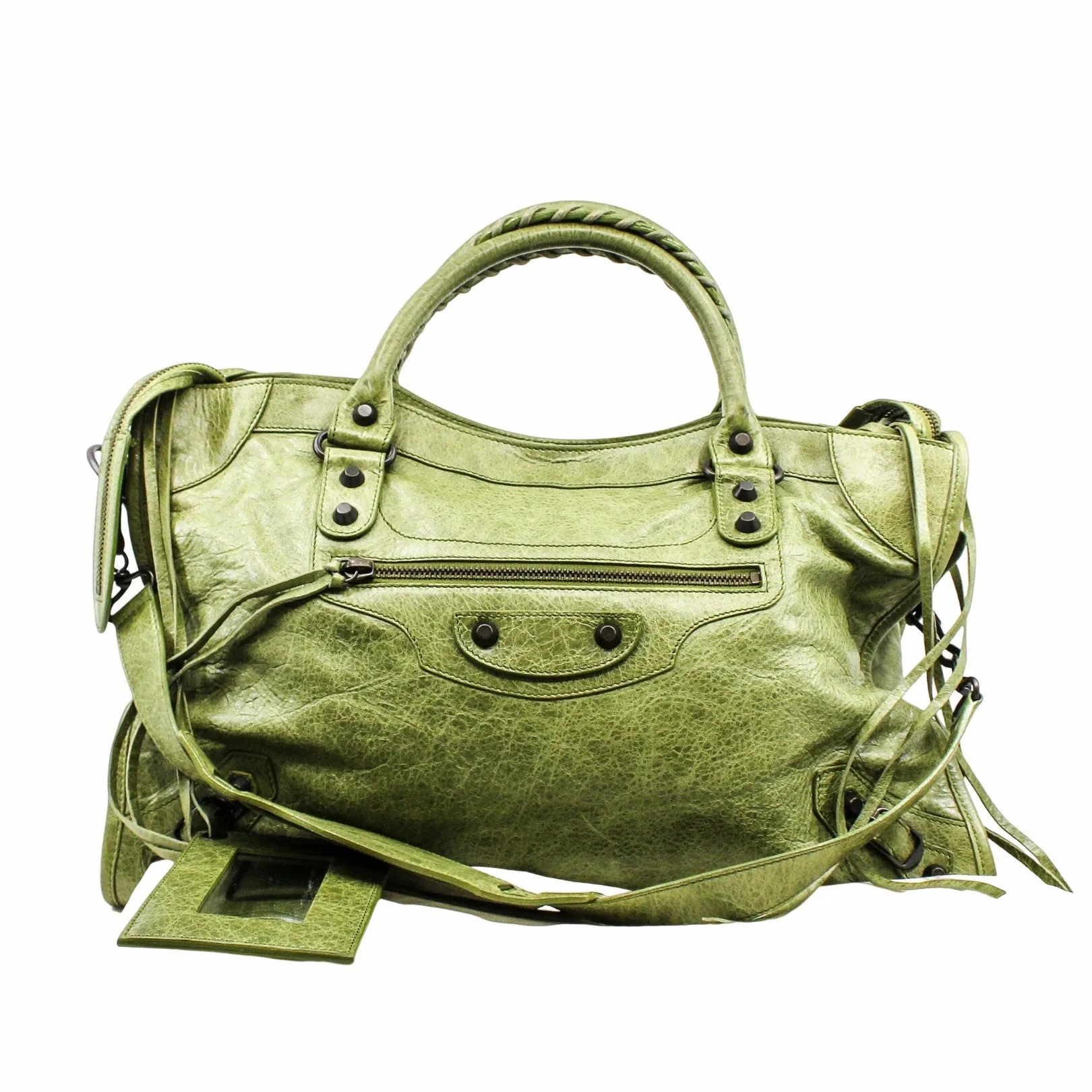 CITY CLASSIC STUDS BAG MEDIUM LEATHER GREEN ANTIQUE BRASS HARDWARE