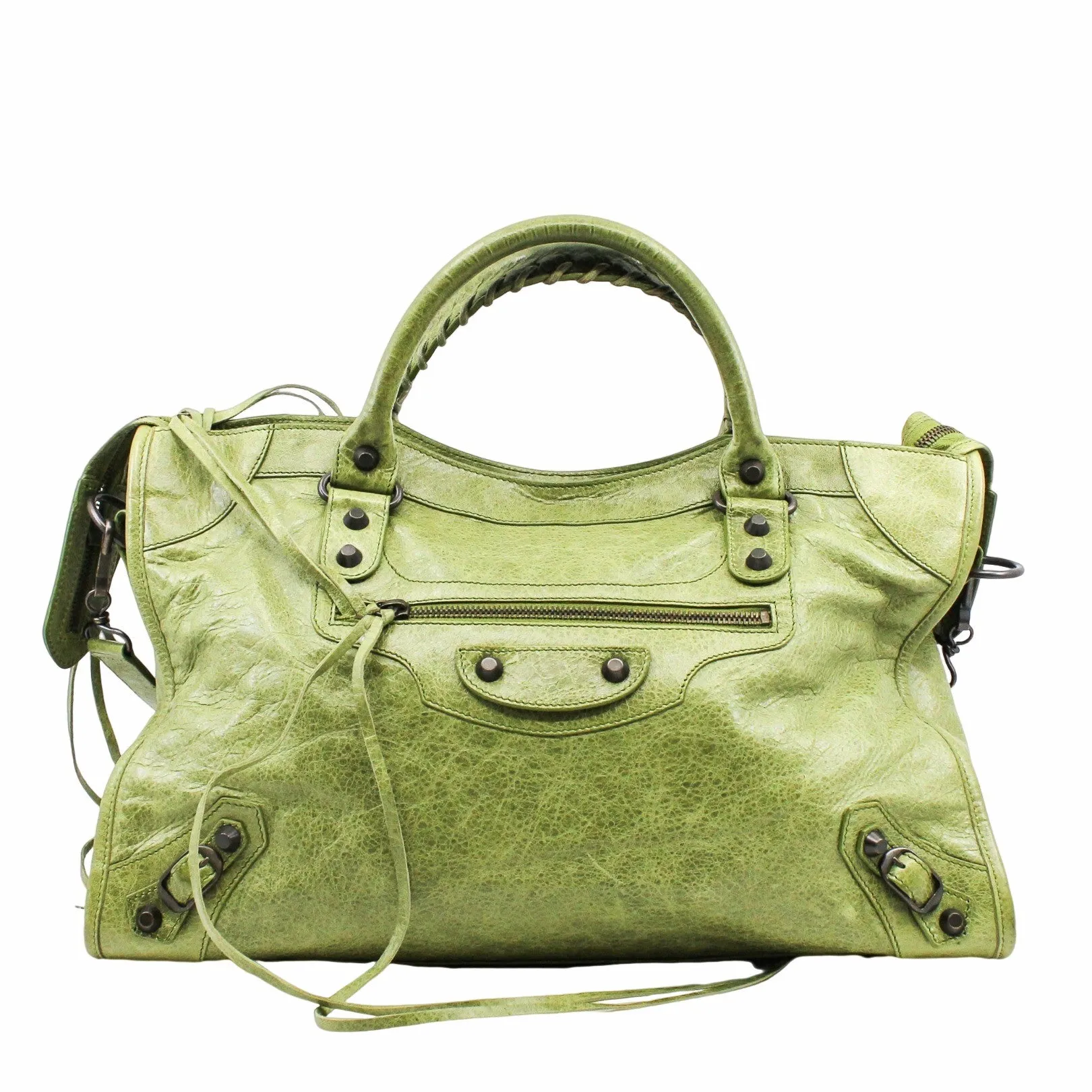 CITY CLASSIC STUDS BAG MEDIUM LEATHER GREEN ANTIQUE BRASS HARDWARE