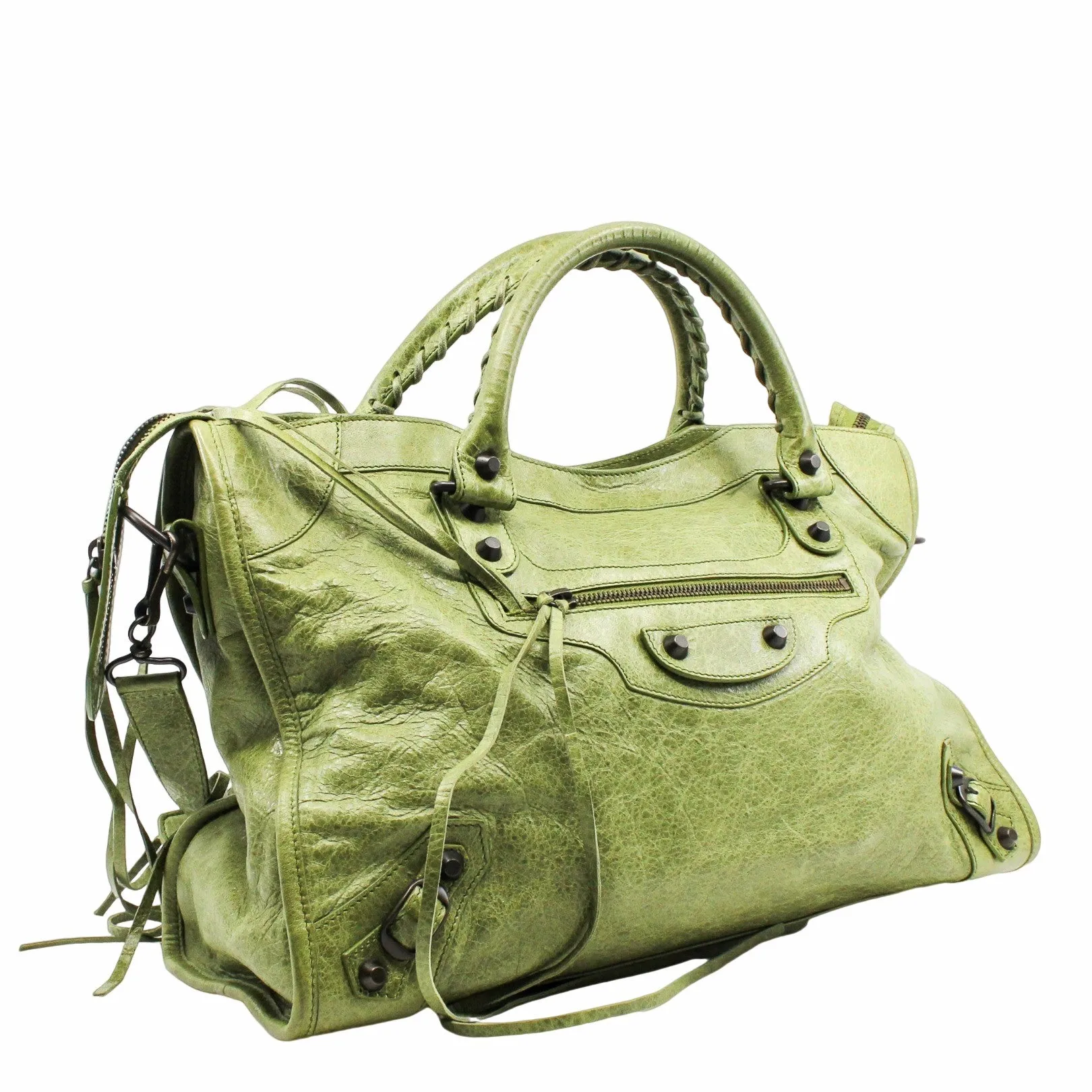 CITY CLASSIC STUDS BAG MEDIUM LEATHER GREEN ANTIQUE BRASS HARDWARE