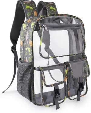 Clear Backpack for Boys, School Kids Heavy Duty See Through Bookbag Dinosaur Transparent Backpacks with Thicker Straps, Gray