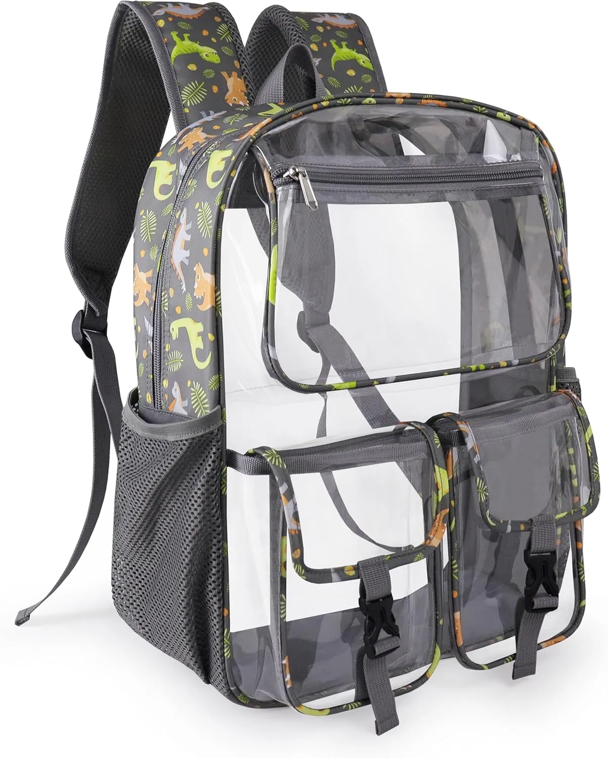 Clear Backpack for Boys, School Kids Heavy Duty See Through Bookbag Dinosaur Transparent Backpacks with Thicker Straps, Gray