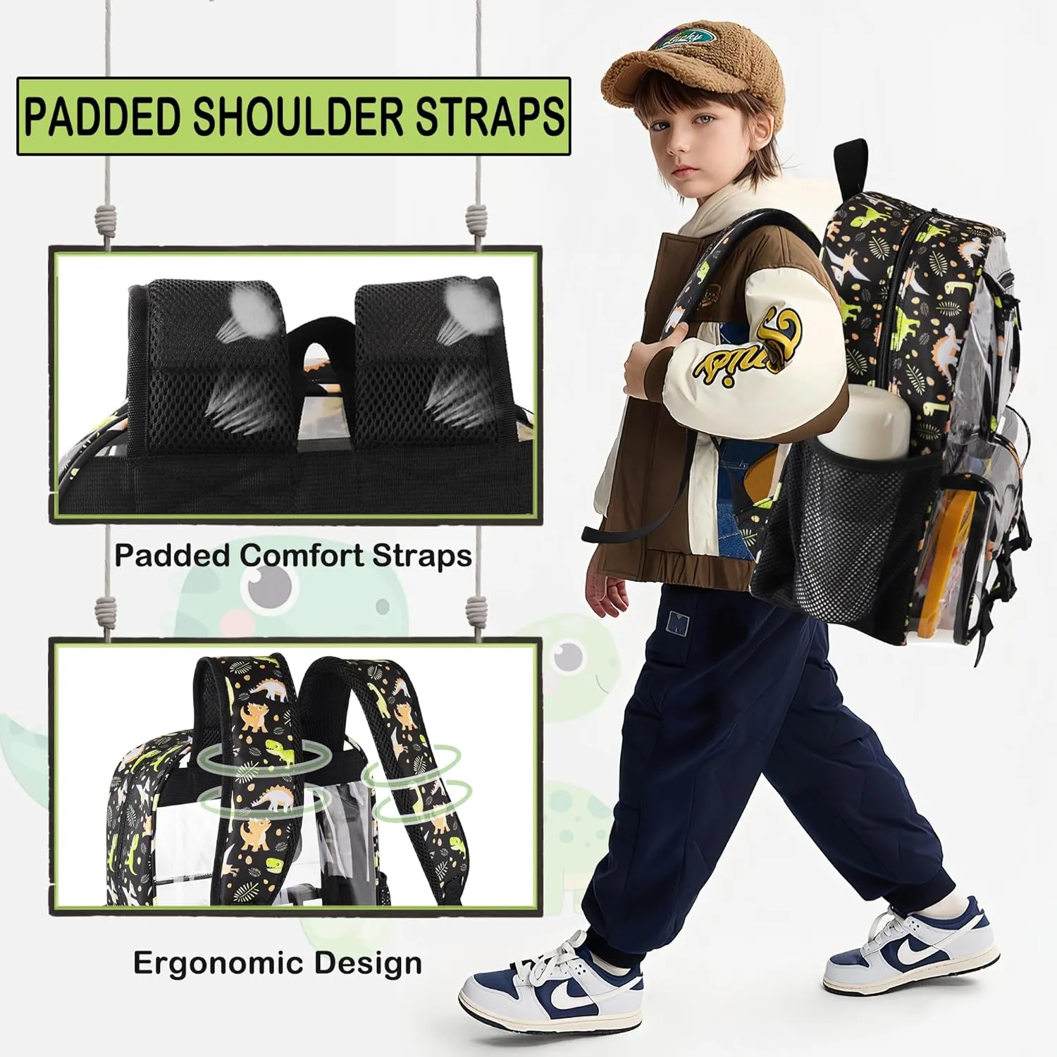 Clear Backpack for Boys, School Kids Heavy Duty See Through Bookbag Dinosaur Transparent Backpacks with Thicker Straps, Gray