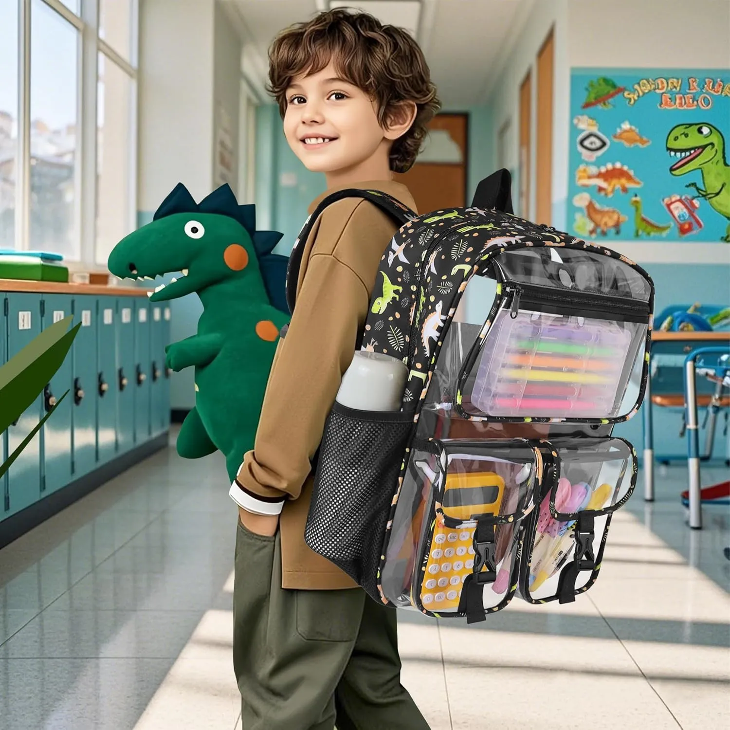Clear Backpack for Boys, School Kids Heavy Duty See Through Bookbag Dinosaur Transparent Backpacks with Thicker Straps, Gray