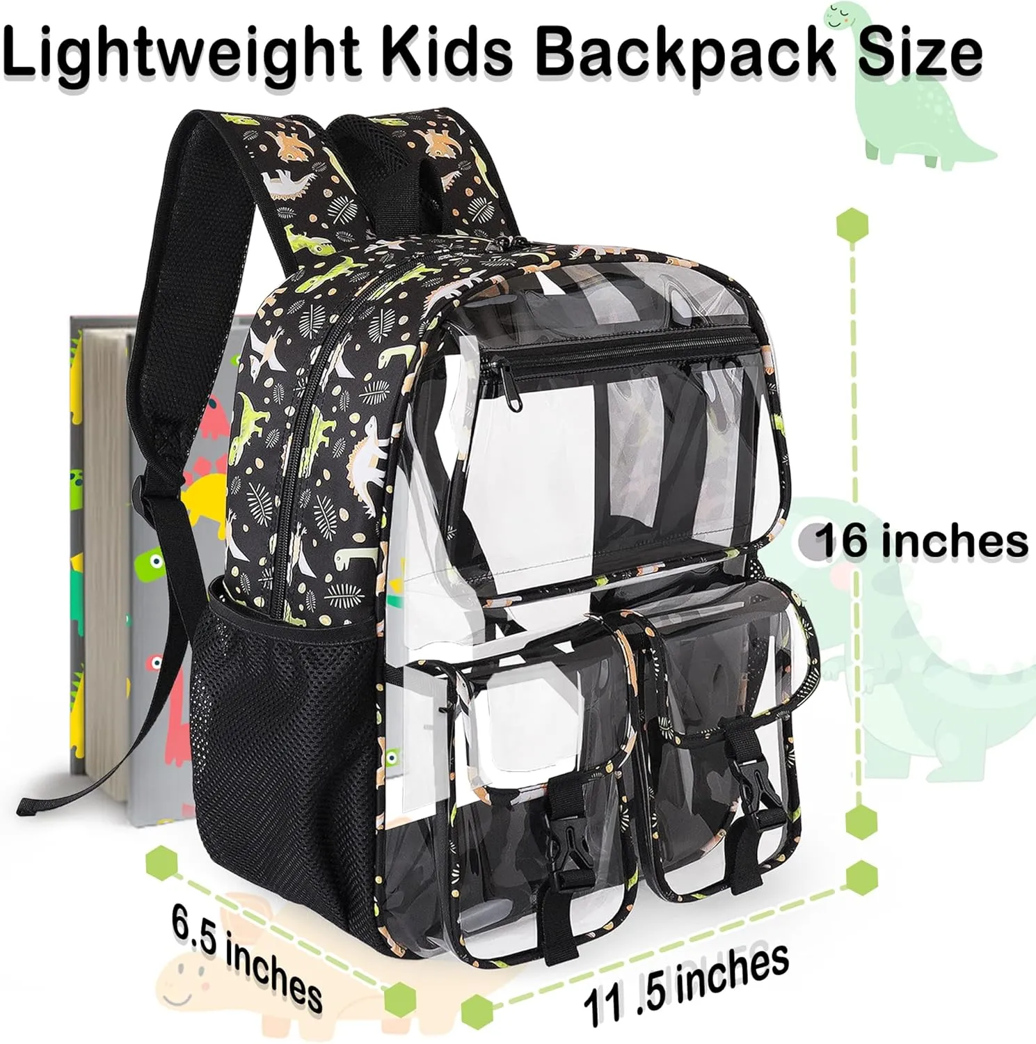 Clear Backpack for Boys, School Kids Heavy Duty See Through Bookbag Dinosaur Transparent Backpacks with Thicker Straps, Gray
