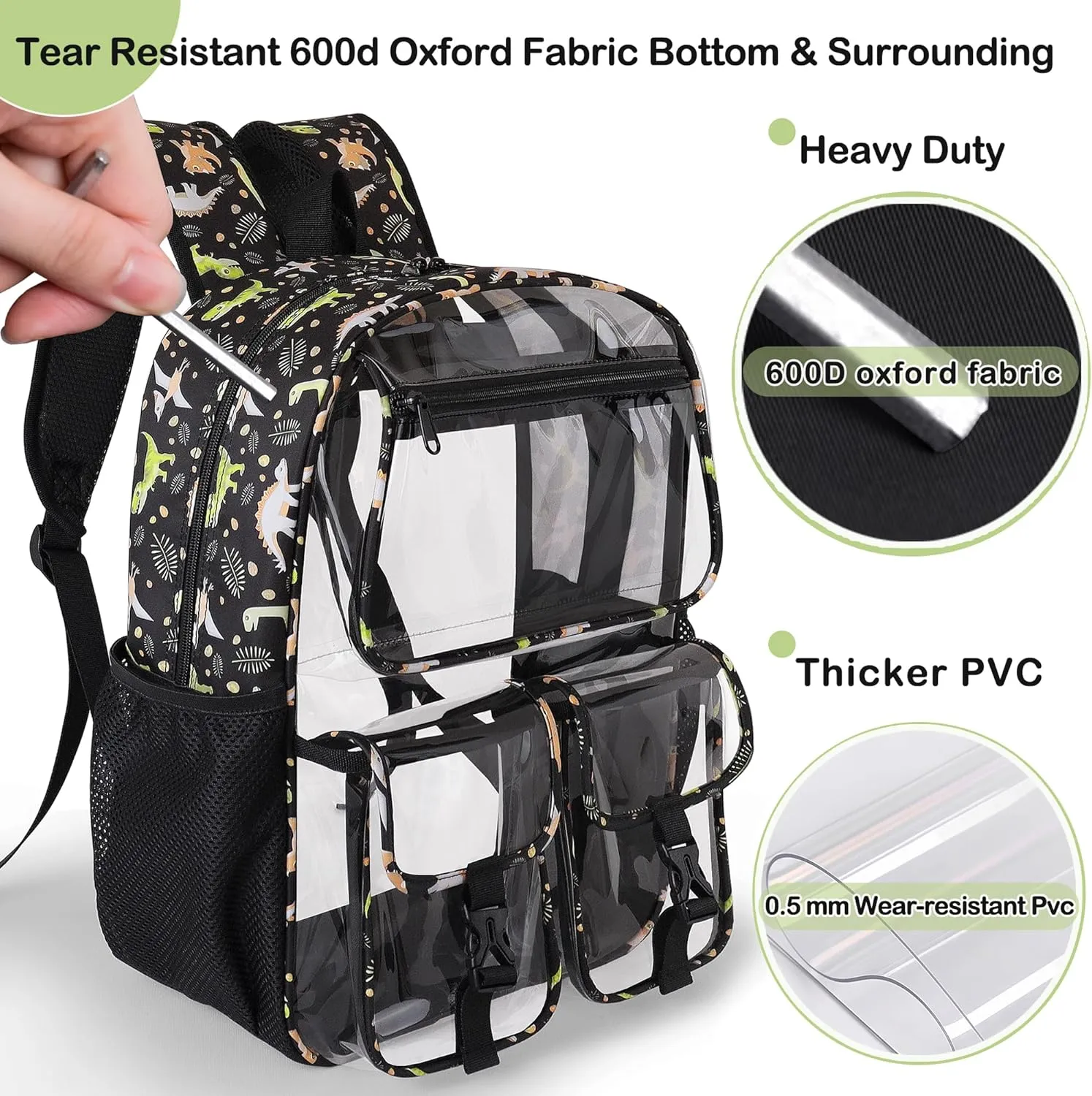 Clear Backpack for Boys, School Kids Heavy Duty See Through Bookbag Dinosaur Transparent Backpacks with Thicker Straps, Gray
