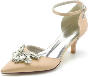 Closed Toe Satin Low Kitten Heels White Wedding Shoes for Bride Ankle Strap Rhinestones Beaded Bridal Shoes Evening Prom Party Dress Pumps for Women