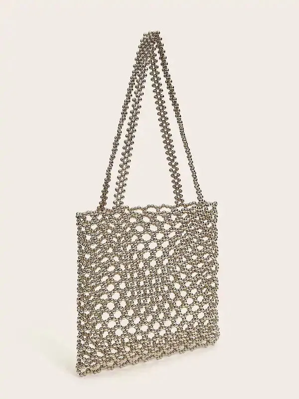 CM-BGS613150 Women Trendy Seoul Style Beaded Hollow Out Tote Bag - Silver