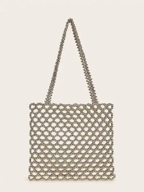 CM-BGS613150 Women Trendy Seoul Style Beaded Hollow Out Tote Bag - Silver