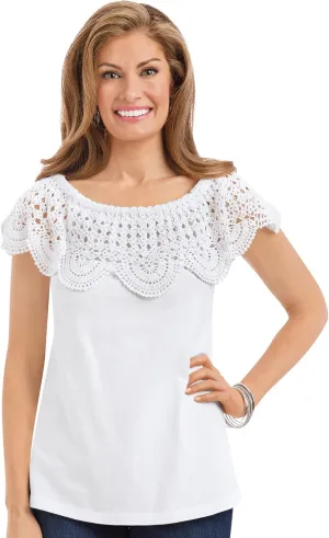 Collections Etc On-Off Shoulder Scalloped Crochet Short Sleeve Top