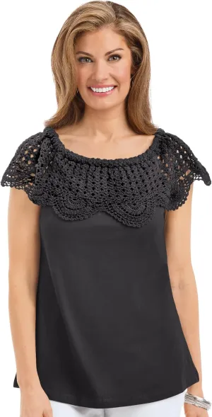 Collections Etc On-Off Shoulder Scalloped Crochet Short Sleeve Top
