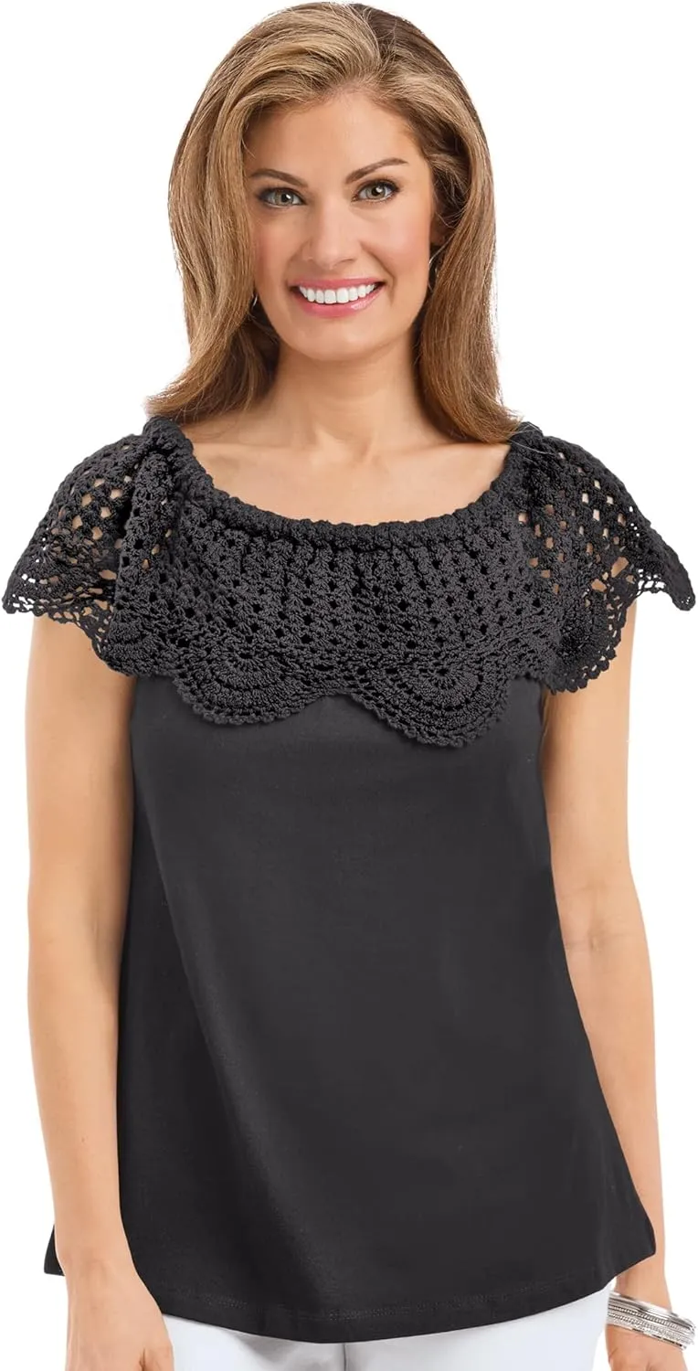 Collections Etc On-Off Shoulder Scalloped Crochet Short Sleeve Top