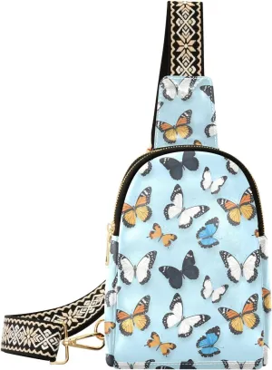 Color Butterfly Blue Full-Print Leather Fashion Waist Pack Small Crossbody Bag with Card Slots & Adjustable Strap for Biking Shopping Hiking Running & Casual Outings
