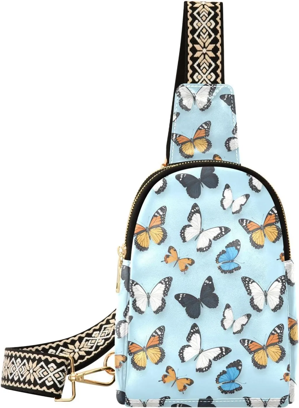 Color Butterfly Blue Full-Print Leather Fashion Waist Pack Small Crossbody Bag with Card Slots & Adjustable Strap for Biking Shopping Hiking Running & Casual Outings