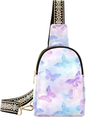 Color Butterfly Mini Crossbody Bag with Full-Print PU Leather Fashion Waist Pack with Adjustable Strap & Card Holder Great for Hiking Fishing Beach Travel & More