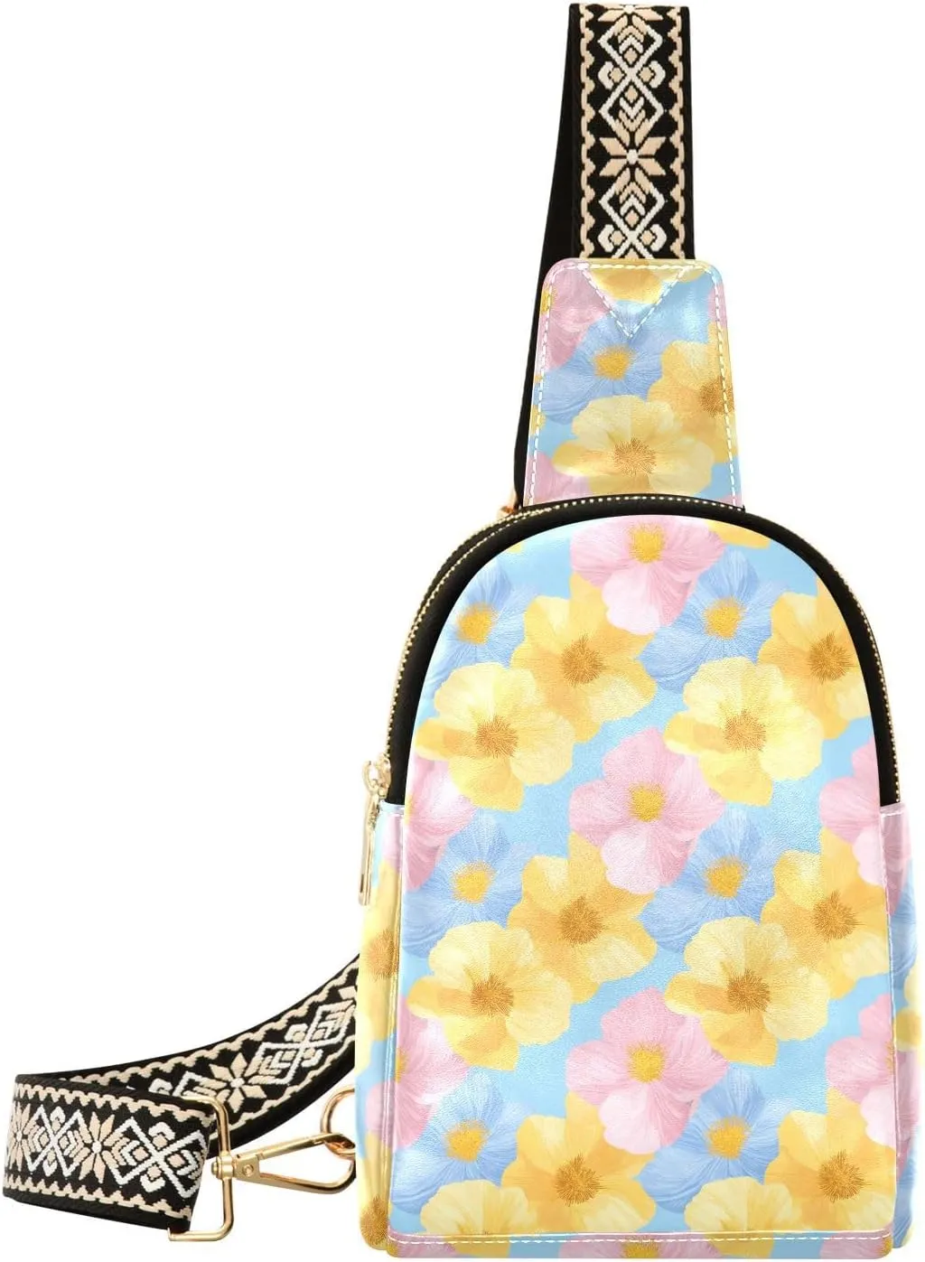 Color Flower Stylish PU Leather Waist Pack Soft Waterproof Crossbody Bag with Metal Hardware Fits Keys Phone Passport for Work Walks Music Fests & Trips