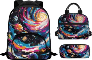 Colorful Galaxy Kids Bookbags for Girls Ages 9-11 Kids School Backpack with Lunch Box for Boys 3 In 1 School Back Pack Set for Elementary School Water Resistant Daypack