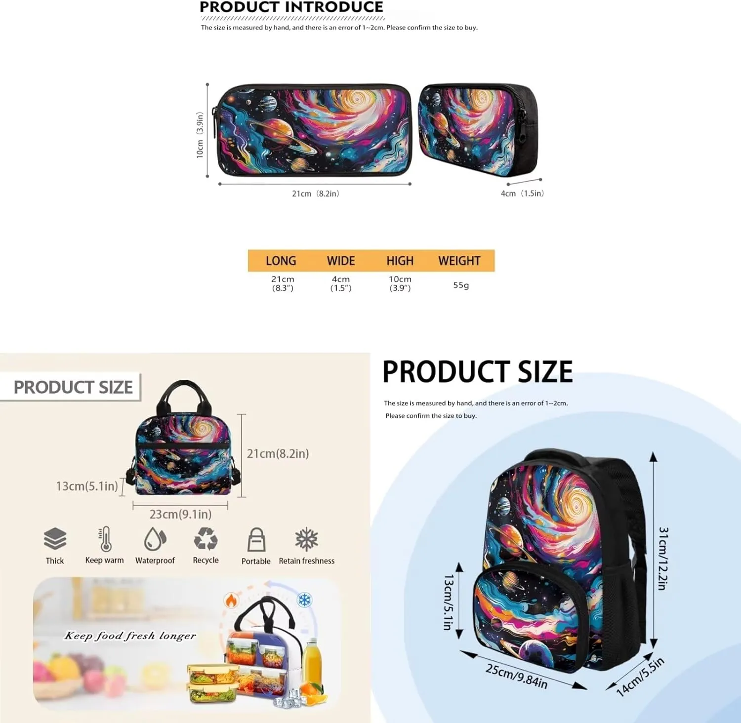 Colorful Galaxy Kids Bookbags for Girls Ages 9-11 Kids School Backpack with Lunch Box for Boys 3 In 1 School Back Pack Set for Elementary School Water Resistant Daypack