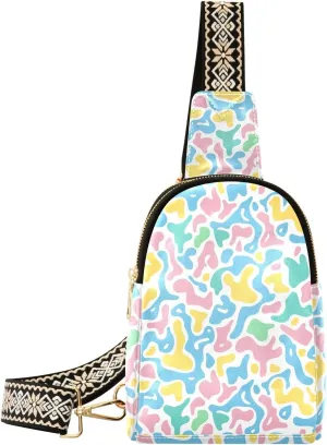 Colorful Print Compact Fashion Daypack Full-Print PU Leather Crossbody Bag with Card Pocket & Adjustable Strap for Women on the Go Festivals Travel & Hikes