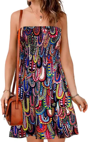 Comeon Women Tube Top Dress Strapless Summer Dress Cover Ups Pleated Off Shoulder Tunic Sundresses Sleeveless Casual Dresses