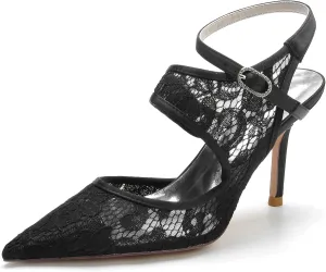 COMFASH 3.3'' Bridal Wedding Shoes Women Pointed Toe Stiletto Pumps Lace Satin Bridesmaids Prom Party Dress Pumps Sandals
