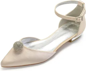 COMFASH Women's Wedding Flats Shoes Satin Pointed Toe Party Dress Bridesmaid Ballet Pumps,Champagne,5