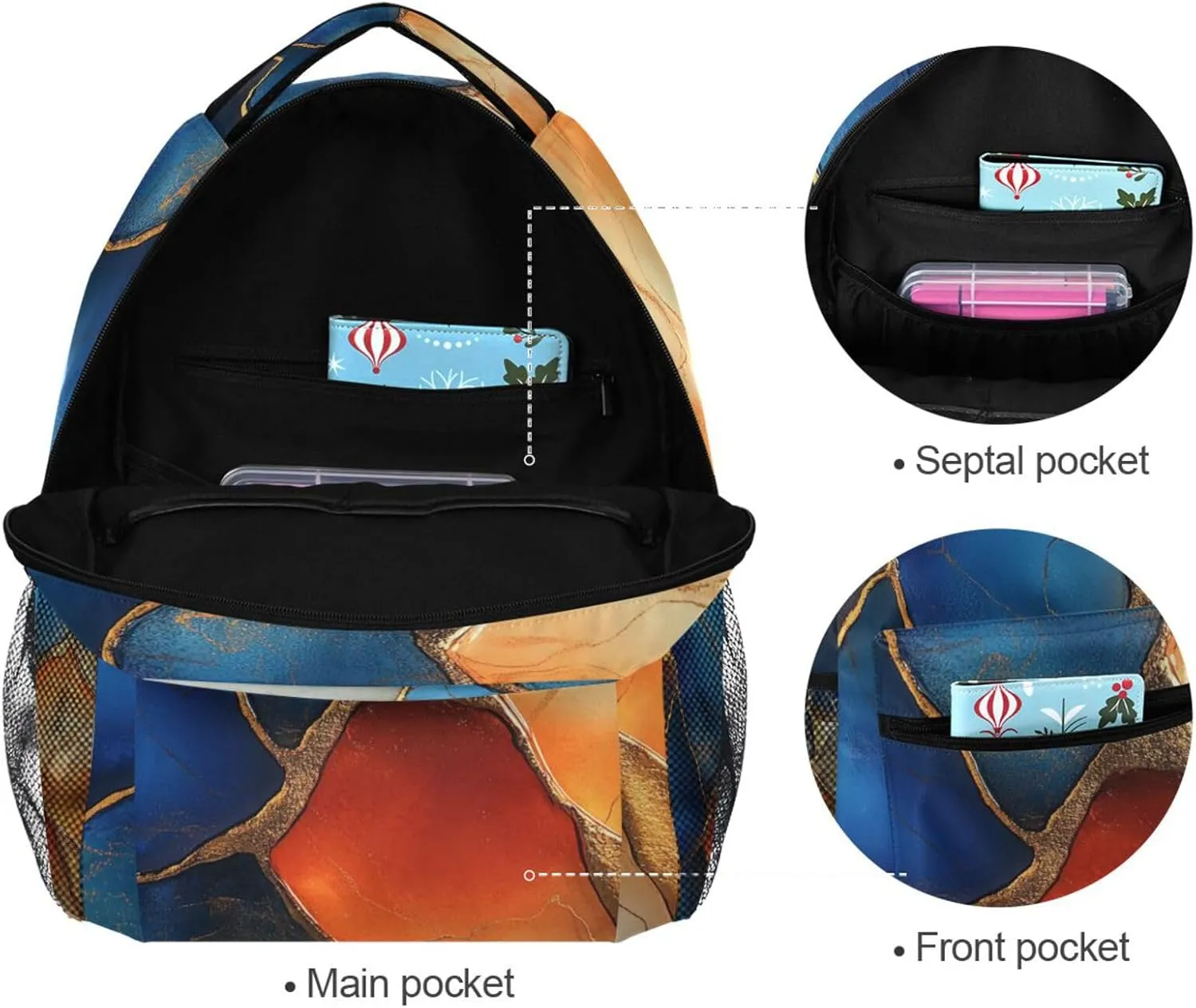 Cool Backpacks for Men Women Waterproof Diaper Bag Backpack with Chest Strap for Travel Trip Marble Orange Royal Blue