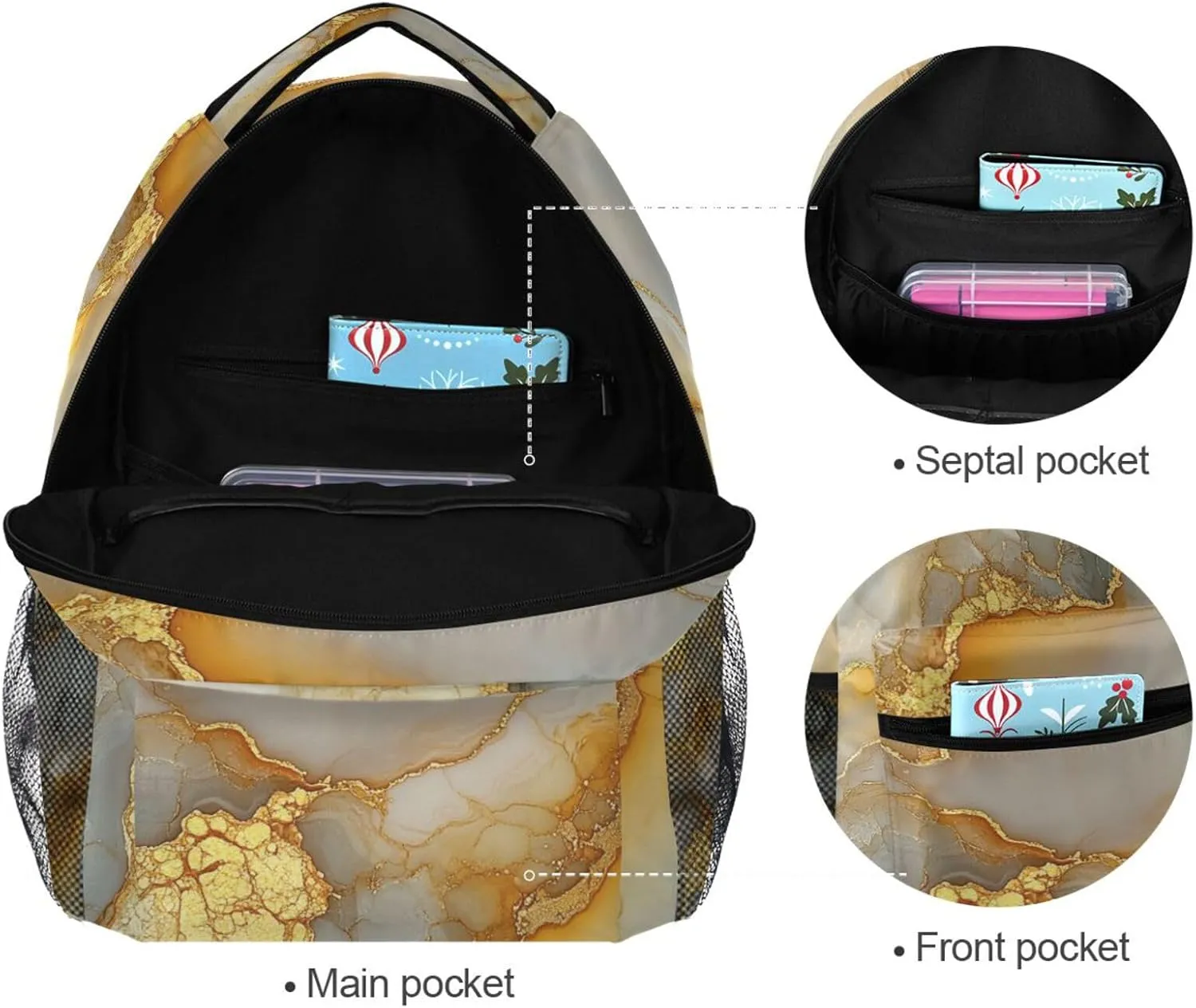 Cool Backpacks for Teens Boys Girls Waterproof School Book Bag with Chest Strap Gift Men & Women Marble Yellow Neutral