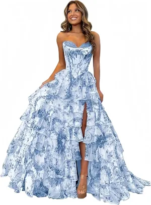 Corset Floral Tiered Prom Dresses for Women 2025 Strapless Long Ruffle Formal Evening Gowns with Slit