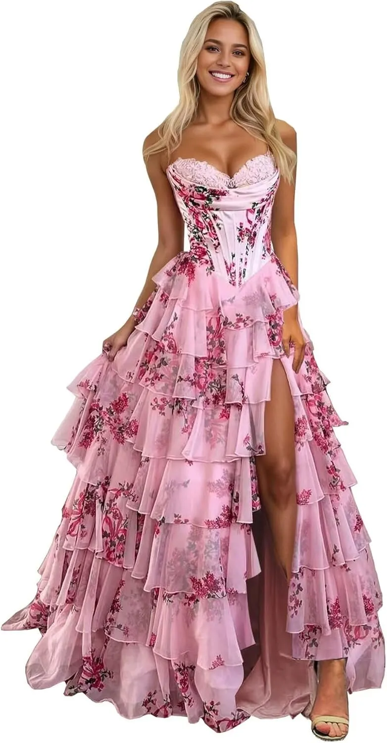 Corset Floral Tiered Prom Dresses for Women 2025 Strapless Long Ruffle Formal Evening Gowns with Slit