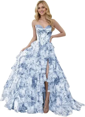 Corset Floral Tiered Prom Dresses for Women 2025 Strapless Long Ruffle Formal Evening Gowns with Slit