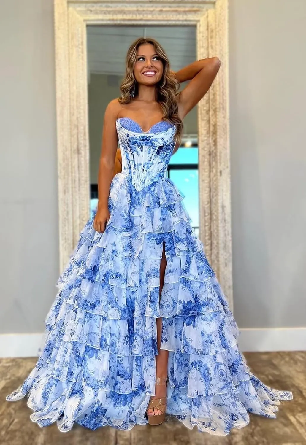 Corset Floral Tiered Prom Dresses for Women 2025 Strapless Long Ruffle Formal Evening Gowns with Slit