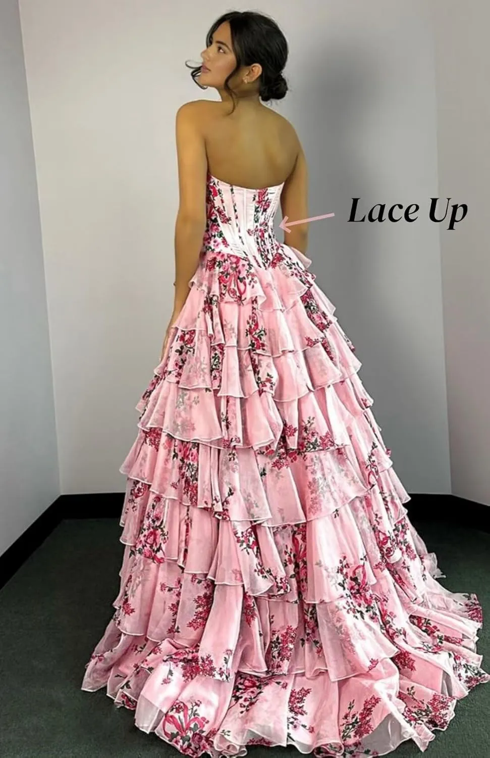Corset Floral Tiered Prom Dresses for Women 2025 Strapless Long Ruffle Formal Evening Gowns with Slit