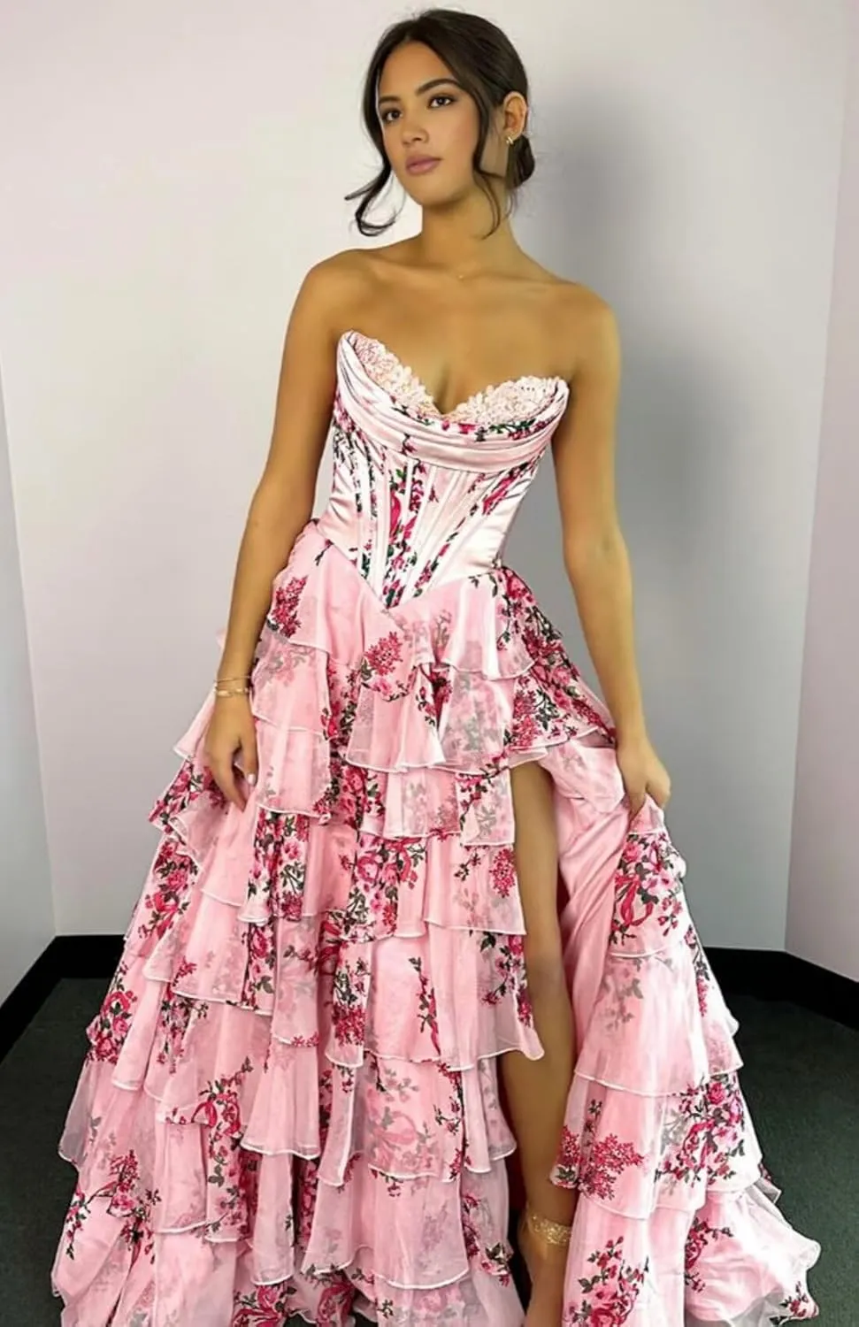 Corset Floral Tiered Prom Dresses for Women 2025 Strapless Long Ruffle Formal Evening Gowns with Slit